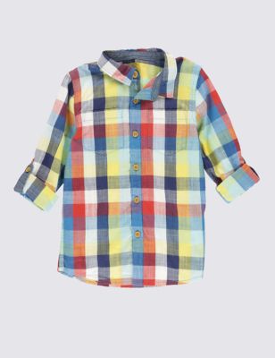 Pure Cotton Roll Up Sleeves Checked Shirt &#40;1-7 Years&#41;